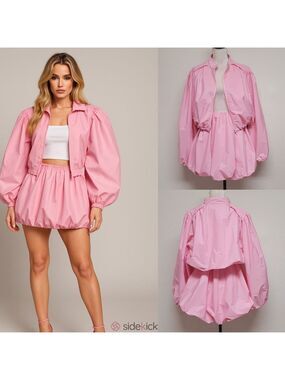 Rare Love Highlight Bubblegum Pink Bubble Skirt Puff Sleeve Jacket Two-Piece Set